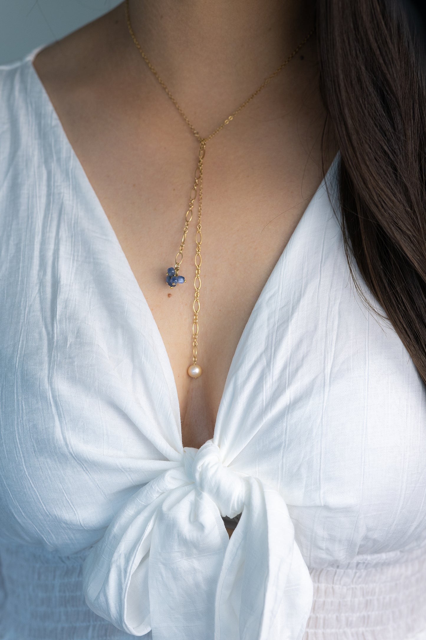 Collier Cravate perle d'eau douce - bleu foncé