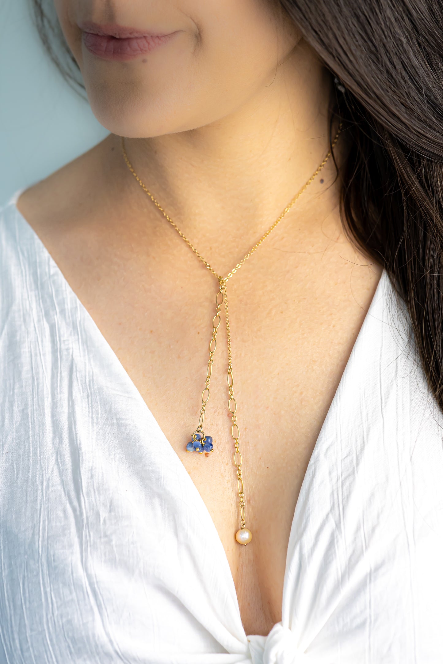 Collier Cravate perle d'eau douce - bleu foncé