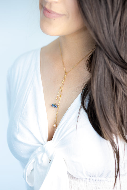 Collier Cravate perle d'eau douce - bleu foncé