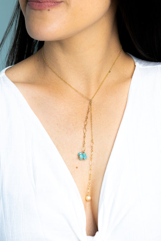 Collier Cravate et perle d'eau douce - bleu turquoise